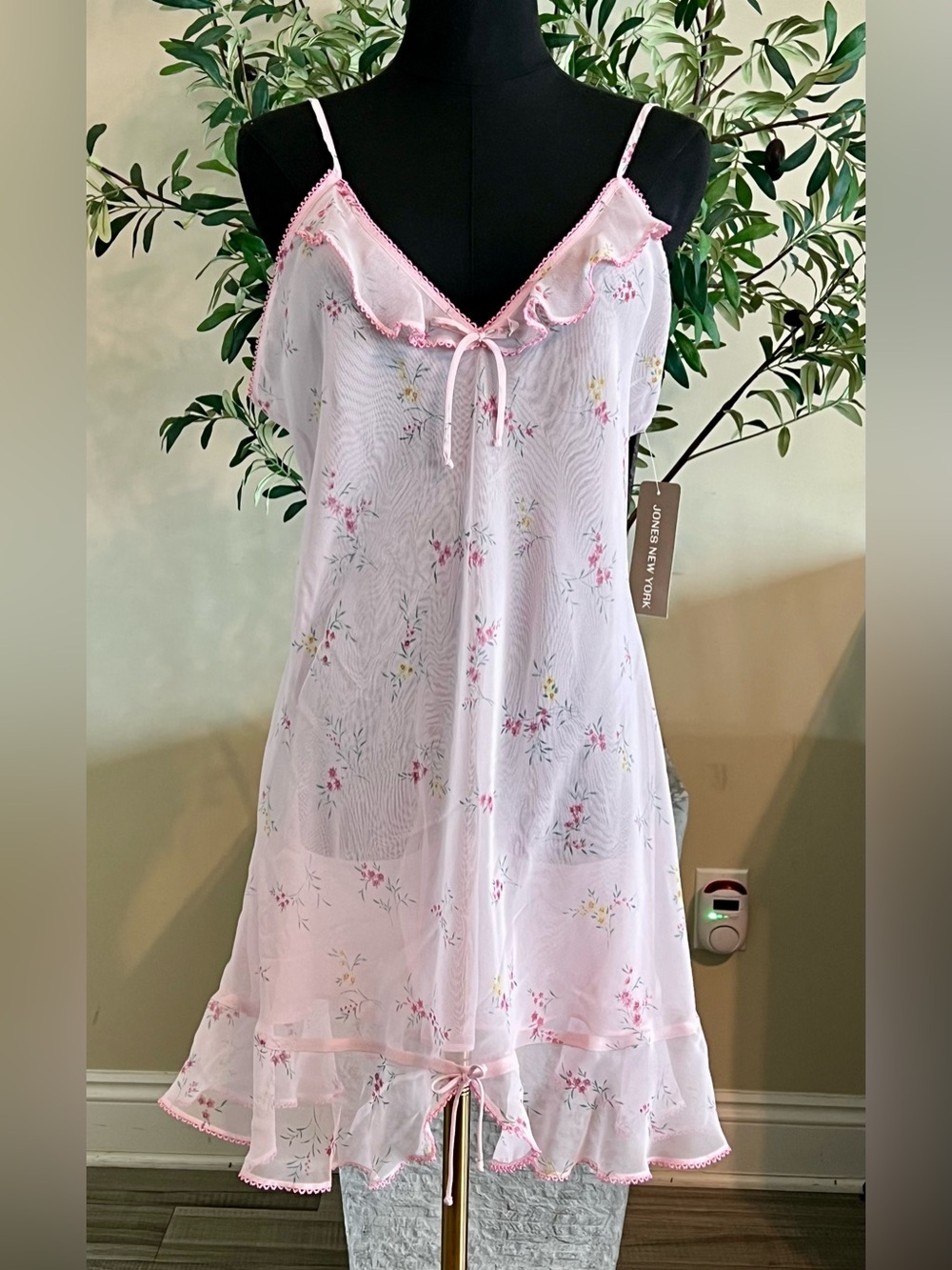 Jones New York Light Pink Floral Sheer Chemise with Ruffle Trim